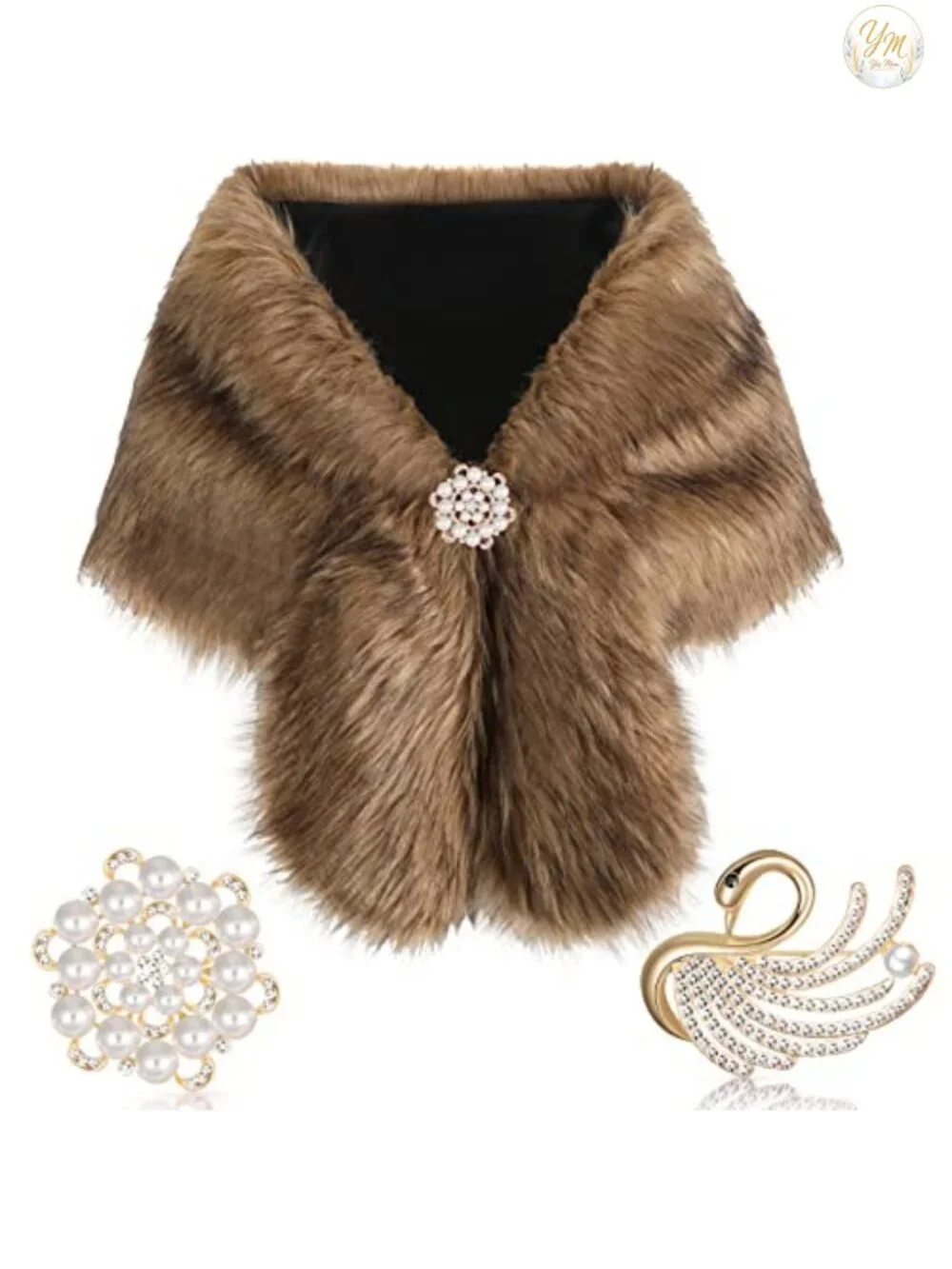 Faux Fur Shawl Wrap Stole with Pearl Rhinestone Brooches for Weddings